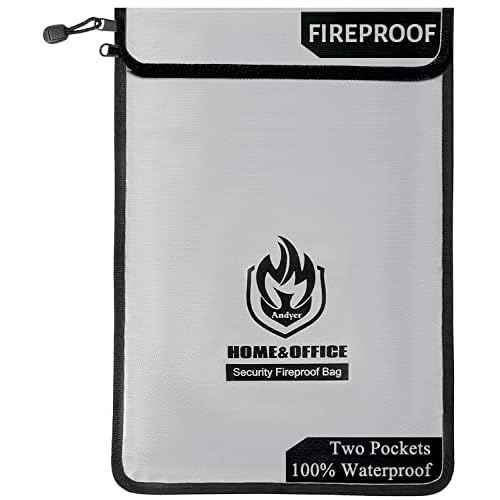 Upgraded Two Pockets Fireproof Document Bag (2000¢µ), andyer 15¡±x 11¡±Waterproof Fireproof Money Bag for Cash with Zipper, Important Document Storage Organizer for Valuables, Legal Documents Safe