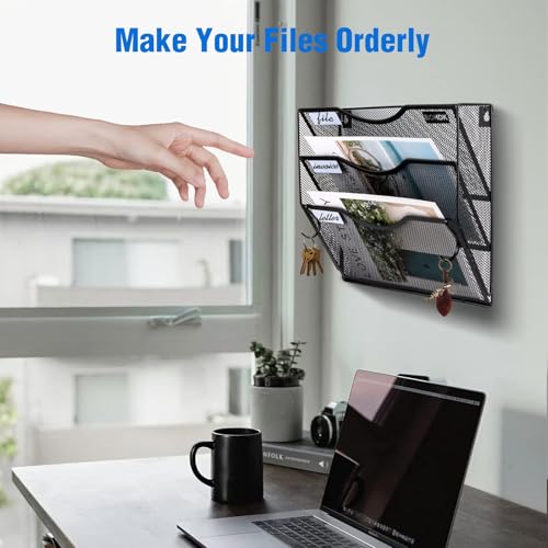 BOHDK 3-Tier Black Wall File Organizer, Hanging Mail & Document Rack, Wall & Door Mount