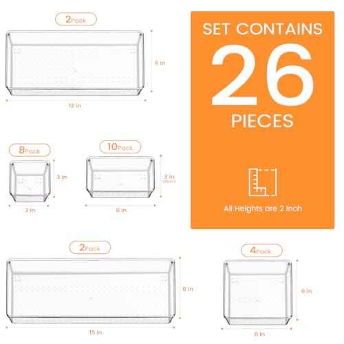Criusia Drawer Organizer, 26 Pack Clear Plastic Drawer Organizer Bins, Versatile Organization and Storage Trays for Kitchen, Bathroom, Vanity Makeup and Office