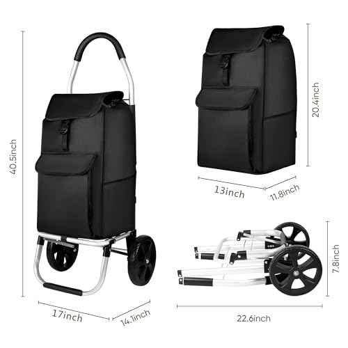 2 in 1 Shopping Cart, 330 lbs Grocery Cart on Wheels, Foldable, Load-Bearing Hand Truck with Black Waterproof Bag for Shopping, Moving, Groceries, Luggage,Office.