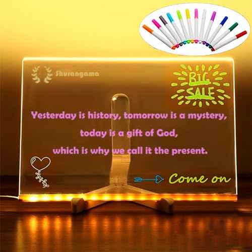 LED Note Board with Colors 12-Color Illuminated Acrylic Drawing Board - Dry-Erase Night Light with Stand for Home/Office/Gift/Festival