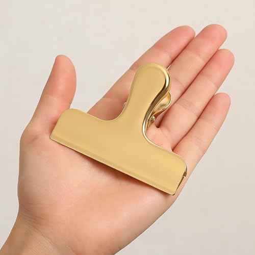 2Pcs Gold Chip Clips, 3 Inch Wide Stainless Steel Brass Notebook T Clip, Heavy Duty Food Bag Clamp, Vintage Retro Hinge File Bill Holder Sealing Air Tight Clips Modern Kitchen Office Accessories