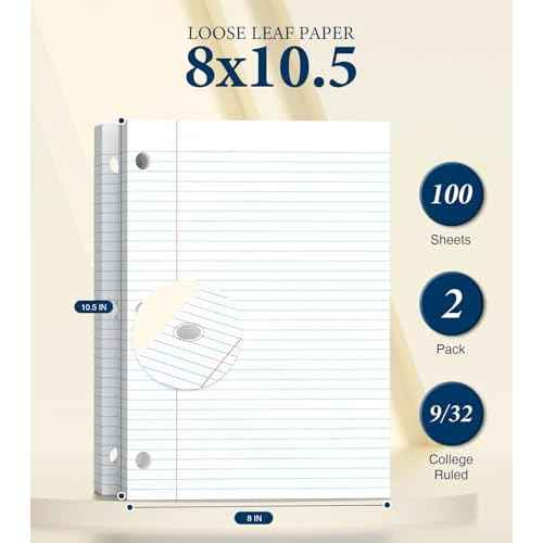 Loose Leaf Paper, Notebook Paper, 8 x 10.5 College Ruled Paper, 3 Hole Punch Binder Paper, Lined Paper for 3 Ring Binders, College Ruled Paper, 100 Sheets/Pack Filler Paper (2 Pack)