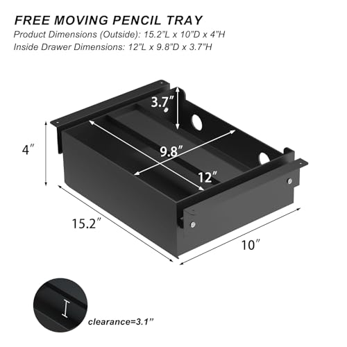Under Desk Drawer(15.2''x10''x4'') with Sliding Pencil Tray, Desk Mounted Sliding Pull-out Drawer for Office Desk Drawer Attachment, Extra Storage Organizer for Sit Stand Workstation