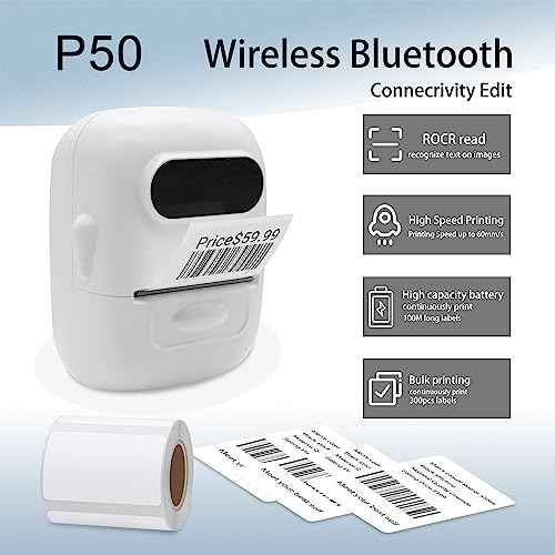 HYBSK Bluetooth Thermal Printer with Label, P50 Portable Barcode Label Maker Machine for Retail,Small Business, Office,Compatible with iPhone/Android (White)