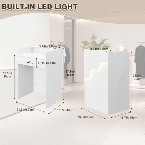 Wood Reception Desk with Drawer & LED Light, 23.6" Front Desk — White (23.6x15.7x37.8in)