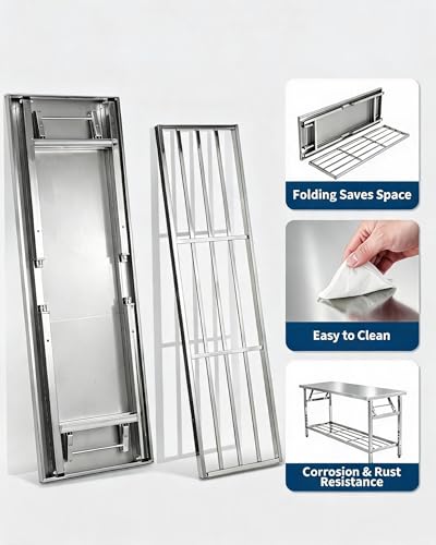 Garvee 48x24 Inch NSF Stainless Steel Folding Prep Table with Undershelf – Heavy-Duty Mobile Work Station