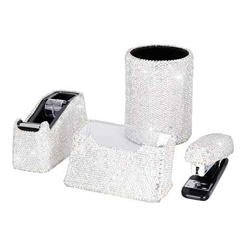 Bling Crystal Luxury Handmade Diamond Round Pencil Pen Pot Holder & Stapler & Card Holder & Desktop Tape Dispenser Office Stationery Kit for Fashion Girls Women(White)