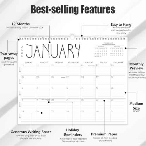 GuassLee Wall Calendar 2026, 2026 Calendar Wall from Jan. 2026 to Dec 2026, 14" X 11" Paper Monthly Planner Wall Hanging Calendar with Thick Paper for Office Home Planning & Organizing