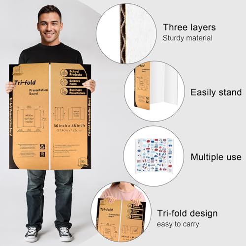 IKAYAS 2 Pack Trifold Poster Boards 36x48 White Science Display Boards