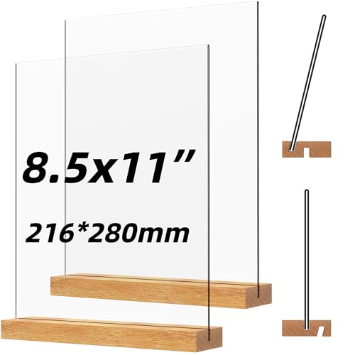 JDEA 2 Pack Acrylic Sign Holders with Wood Base 8.5x11 Inch Vertical & Slant Display