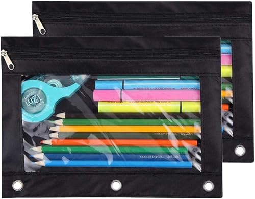 Black 2-Pack 3-Ring Pencil Pouches with Zipper for Binders & Cosmetics