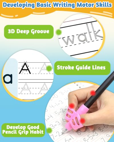 Kids Writing Practice Books with Reusable Sheets, Magic Pen & Grooved Design