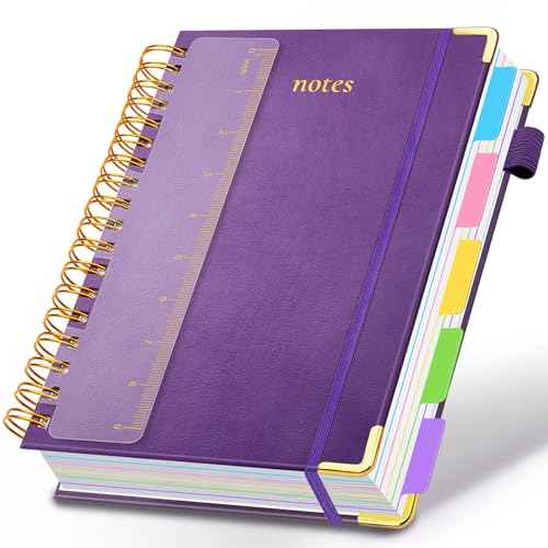 Hardcover Spiral Notebook 8"x10" Journal Notebook with Tabs and Removable Dividers 300 Pages 5 Subject Notebook College Ruled, Faux Leather Spiral Bound Notebook for Women School Work (Purple)