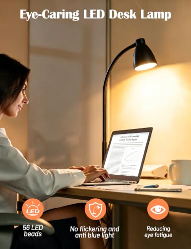 BOHON Matt Black LED Desk Lamp with USB Charging, 3 Color Modes, Dimmable