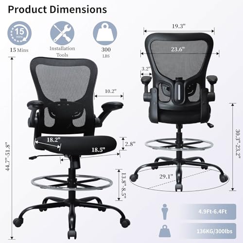 TopBSHODC Drafting Chair Ergonomic Tall Office Chair with Foot Ring & Adjustable Lumbar