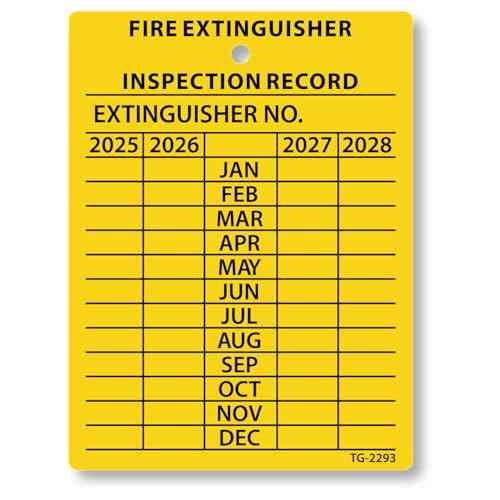 SmartSign 4-Year Yellow Fire Extinguisher Tags Monthly Inspection (10-Pack), 2.25" x 3", 2024 to 2027, Heavy-Duty Polyethylene, Tear Proof, 2+ Year Outdoor Life, Made in USA