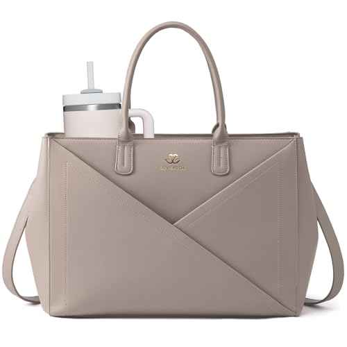 LOVEVOOK Laptop Tote Bag for Women with Large Cup Holder, 15.6 Inch PU Leather Work Bag Teacher Tote Bag, Waterproof Computer Bags Business Office Briefcase Handbag