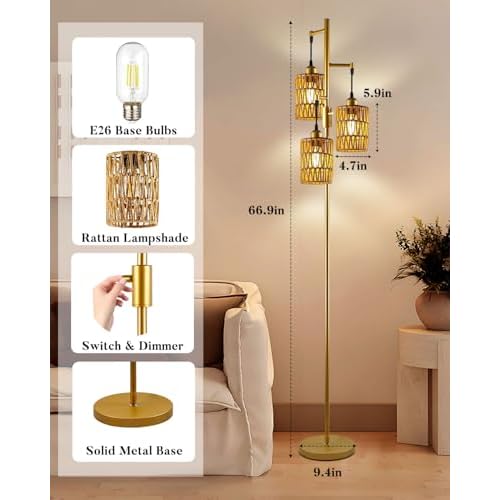 Lightdot 67" Boho Rattant Floor Lamps for Living Room, 3-Light Dimmable Floor Lamp with Gold Woven Cages, Bohemian Standing Tall Lamp, Mid Century Industrial Lighting for Bedroom Office, E26 Base-Gold