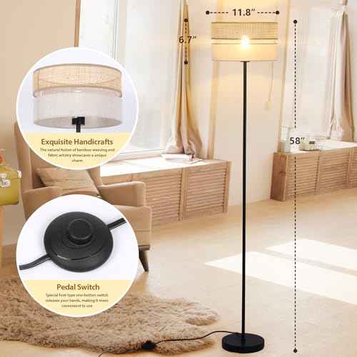 Floor Lamp with Bamboo and Linen Fabric Lampshade, Adjustable Color Temperature Floor Lamp with 6W Bulb, Boho Standing Lamp for Livingroom, Bedroom, Office