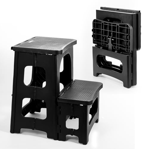 2 Step Stool Foldable for Adults—Plastic Folding Step Stool in Black (Ligebul)