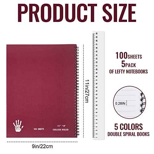 Henoyso 5 Pcs Jumbo Left Handed Notebook 100 Sheets/200pages Left Handed Workbook 11 x 9 Inches Spiral Notebook Lefty Notebooks for Easier Lefty Use Supplies(Elegant Color)