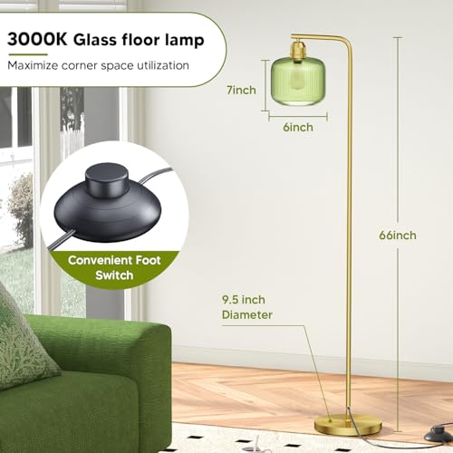 Glass Floor Lamp for Living Room, Modern Standing Lamp with Green Ribbed Glass Lampshade and Pedal Switch, 66¡± Tall Lamp & Gold Floor Lamp for Bedroom Study Room,Brushed Gold(3000K LED Bulb Included)