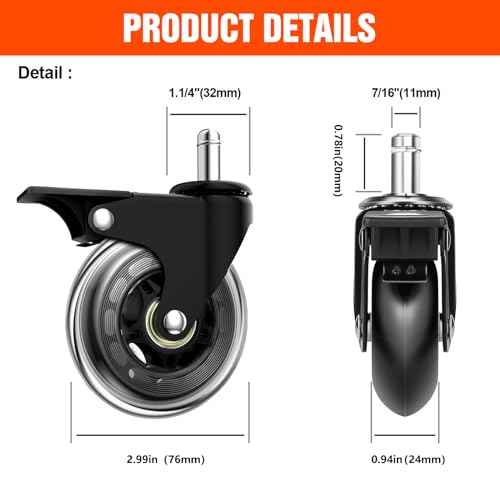 Office Chair Casters with Brake, 3 Inch Universal Casters,Suitable for Carpet and Hardwood Floors, Universal Fits Most Chairs