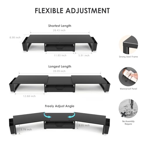 OPNICE Black Dual Monitor Stand Riser with Drawer & Pen Holders - Desk Organizer & Laptop Stand