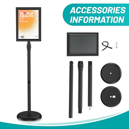 Sign Stand 11x17 inch, Adjustable Floor Standing Sign Holder, 360¡Æ Rotation Sign Holder Stand with Snap-Open Frame, Outdoor Indoor Pedestal Sign Holder Display