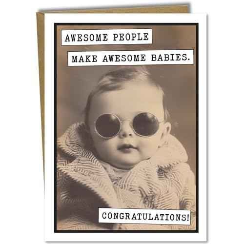 Katie Doodle - Funny Baby Shower Card (Handmade in USA) - Baby Shower Cards for Boy or Girl - Includes: 1 x 5x7 inch Congratulations Card (Awesome Babies) & 1 x Envelope (Peel & Seal)