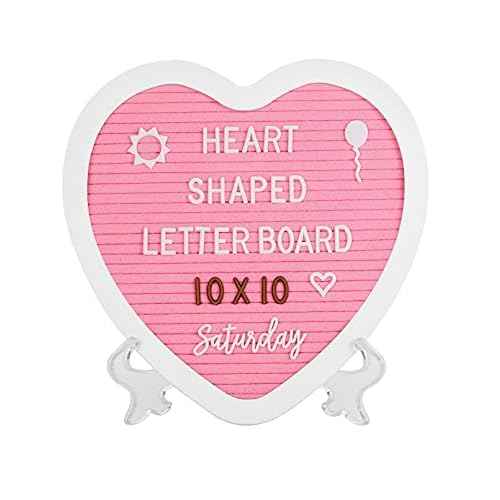 Heart-Shaped Felt Letter Board Message Sign,10x10 inches Message Board with 465 Changeable White&Golden Letters,Numbers,Cursive Words and Stand for Party,Pregnancy,Wall&Tabletop Decor (Pink)