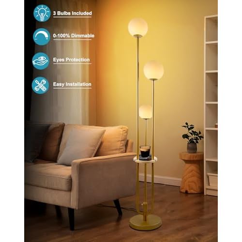 Lightdot Gold Globe Floor Lamp 3-Lights Dimmable Floor Lamps with Tray 3000K Bulbs Included Unique Floor Lamp Candle Holder Style Modern Standing Lamps for Living Room/Bedroom