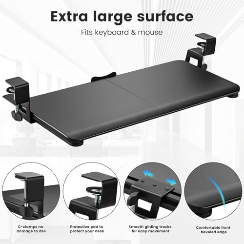 Keyboard Tray Under Desk, Slide Out Computer Keyboard & Mouse Tray with C Clamp-on Mount Easy to Install,30" W£¨Including Clamps£© X 12" D Large Size,Black