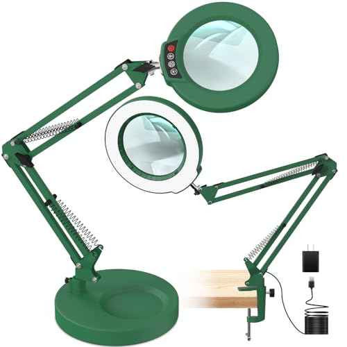 10X Magnifying Glass with Light and Stand, Green 2-in-1 Desk Lamp & Clamp Light, 5 Color Modes, Brightness Stepless Dimming LED Lighted Magnifier Hand-Free, Magnifier Lamp for Crafts - Green