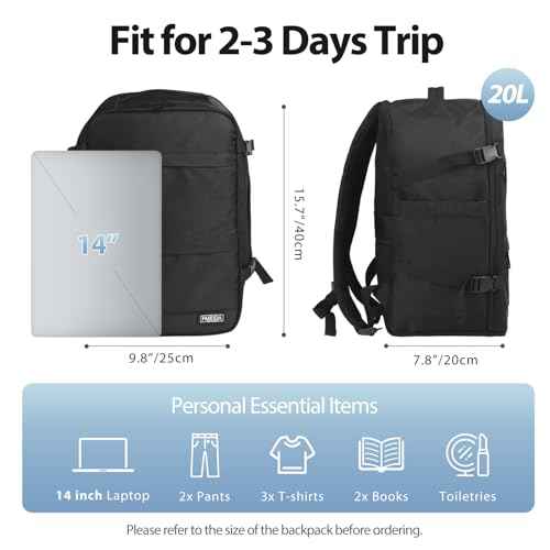 Fmeida Flight Approved Carry On Backpack for Ryanair Fits 14" Laptop - 20L Underseat Airplane Approved Weekender Bag, Anti-Theft Travel Backpack, Personal Item Bag Black