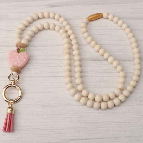 2024 Teacher Lanyard With ID Holder, Fashion Wood Beaded for Key, Super Cute Boho Breakaway for Women