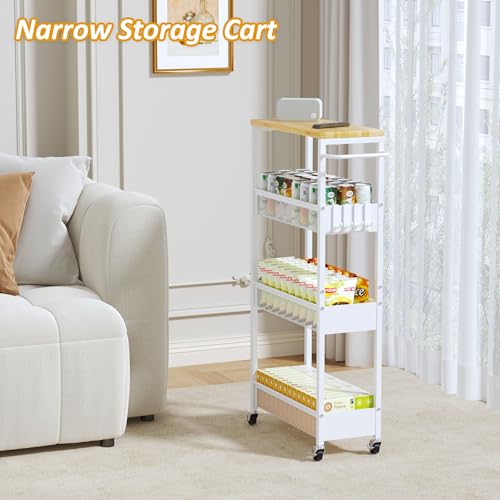 White 7.1-Inch Wide Slim Metal Storage Cart with Wood Top - Mobile Organizer