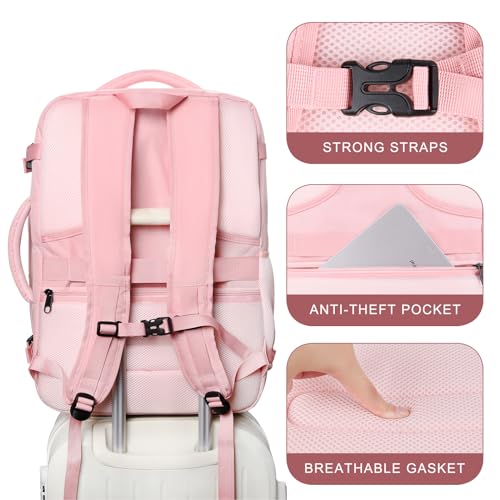 Travel Backpack for Women, 52L Carry On Backpack, Extra Large Expandable Travel Bag, 18.4 Inch TSA Flight Approved Luggage Personal Item Size with USB, Teacher Business Daypack, Pink