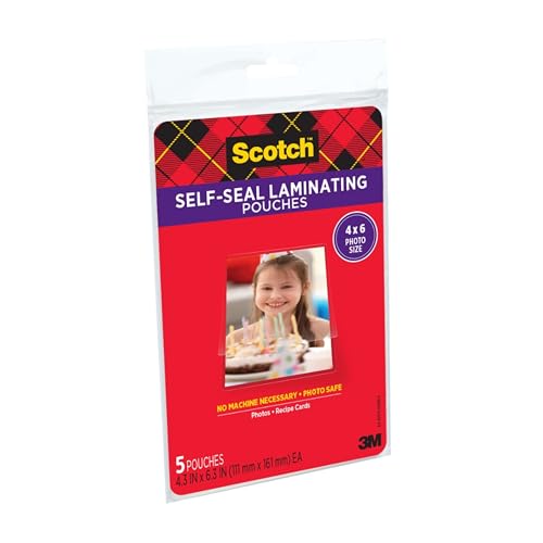 Scotch Self-Sealing Laminating Pouches 4 x 6 Inches, Gloss Finish, 1 Pack of 5