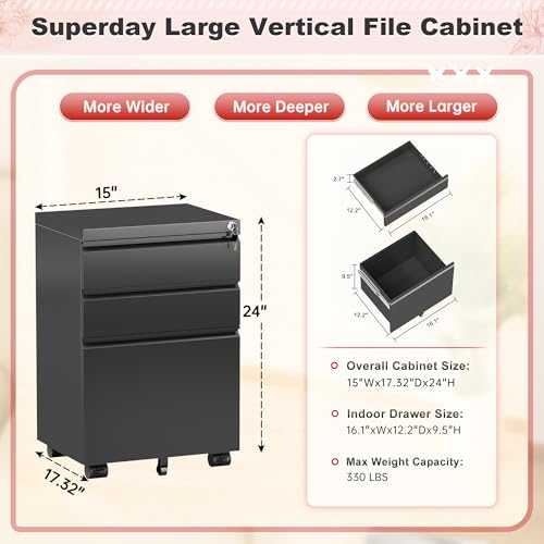 Superday Black 3-Drawer Lockable Mobile File Cabinet with Wheels - Fully Assembled Under-Desk Vertical Office Cabinet (Black / Vertical File Cabinet - 3 Drawer)