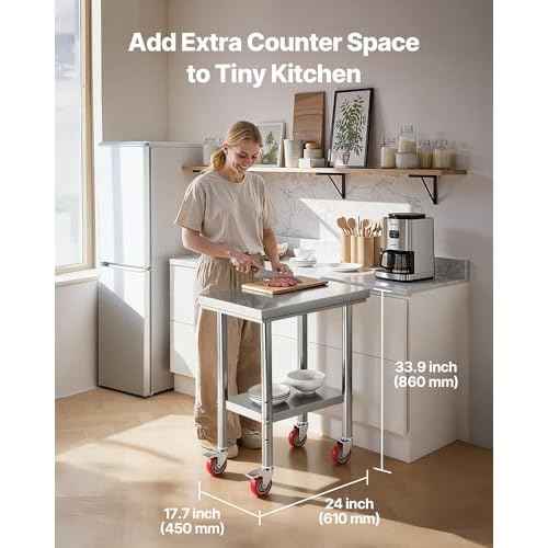 VEVOR Stainless Steel Table, 24 x 18 Inches Food Prep Worktable with Wheels, Kitchen Prep Table with Adjustable Undershelf Workstations for Commercial Kitchen, Restaurant, Hotel and Garage, Outdoor