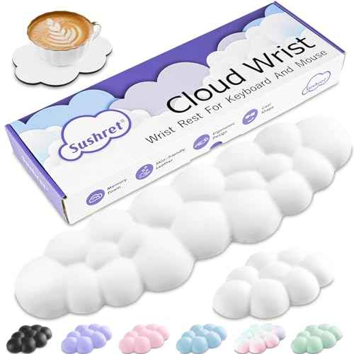 Cloud Wrist Rest Keyboard, Cloud Keyboard Wrist Pad Set with PU Leather Memory Foam, Cute Arm Rest for Palm Support, PC/Gaming Desk Accessories/Office Setup/Computer Hand Cushion - White