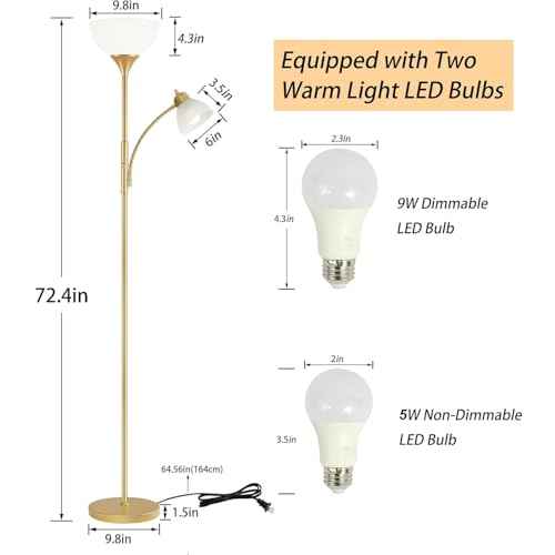 Floor Lamp, Standing lamp, Stepless Dimming Brightness, Included 9W and 5W LED Bulbs, Lamp for Living Room, Bedroom, Office, Reading
