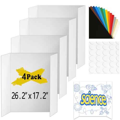 4 Pcs Medium Trifold Poster Board, 26.2" x 17.2" Presentation Board, with Double Sided Tapes and Cardboard, White Corrugated Project Boards/Science Fair/Trifold Display Board for School Project