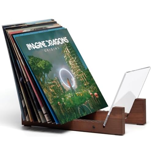 KAIU Vinyl Record Storage Holder - Solid Wood with Crystal Clear Acrylic Holder - Premium Design, Perfect 12" LPs or 7" Singles Display Unit - Stores and Supports up to 50 Albums (Vintage Brown)