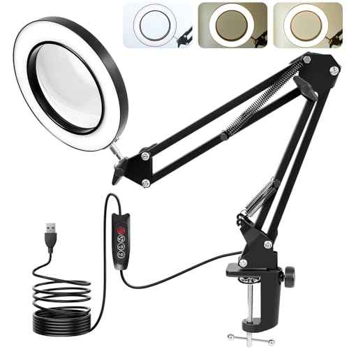 Desk Lamp with Lighting Magnifying Glass: 10x Magnifying Glass Light with 3 Color Modes and 10 Levels of Dimming