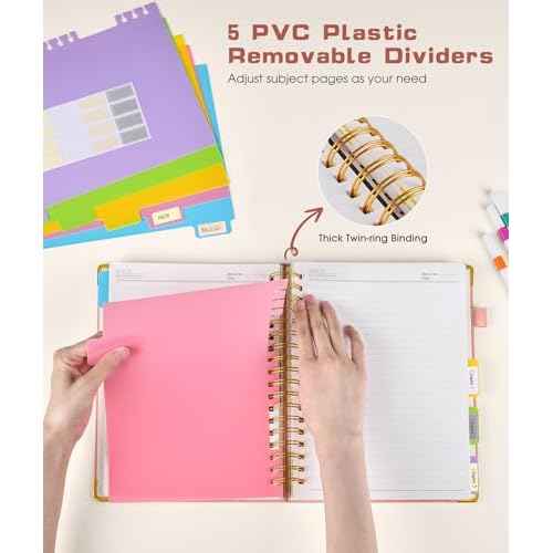 Hardcover Spiral Notebook Journal with Removable Dividers Tabs, 300 Pages Leather 5 Subject Notebook College Ruled, 8"x10" Large B5 Notebooks for Work School Note taking, Lined Journal for Women, Pink