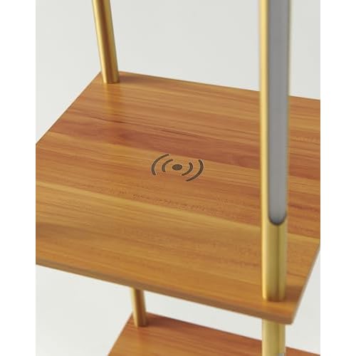 Brightech Aria Metal & Wooden Shelf Floor Lamp with Wireless Charging Station? Narrow Free Standing Nightstand LED Lamp ? Column Tower Stand Up Lighting for Living Rooms & Bedrooms ? Gold/Brass