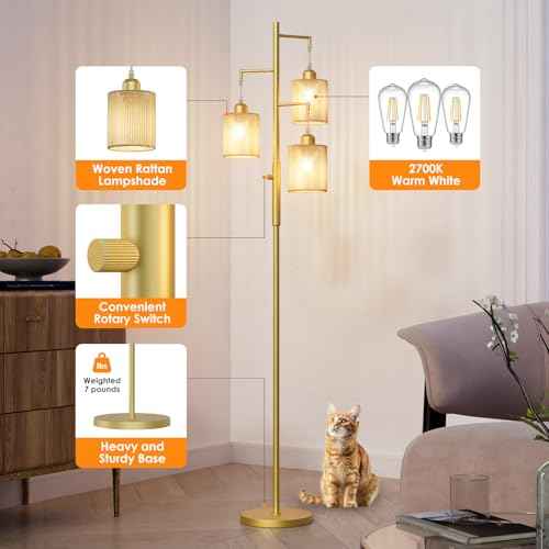 Hotsonic 72" Tall Boho Floor Lamp, Dimmable Standing Lamp with Handcrafted Rattan Beige Shade, Industrial Tree Floor Lamps for Living Room, Bedroom, Study Room, Office(3x800LM LED Bulbs Included)-Gold